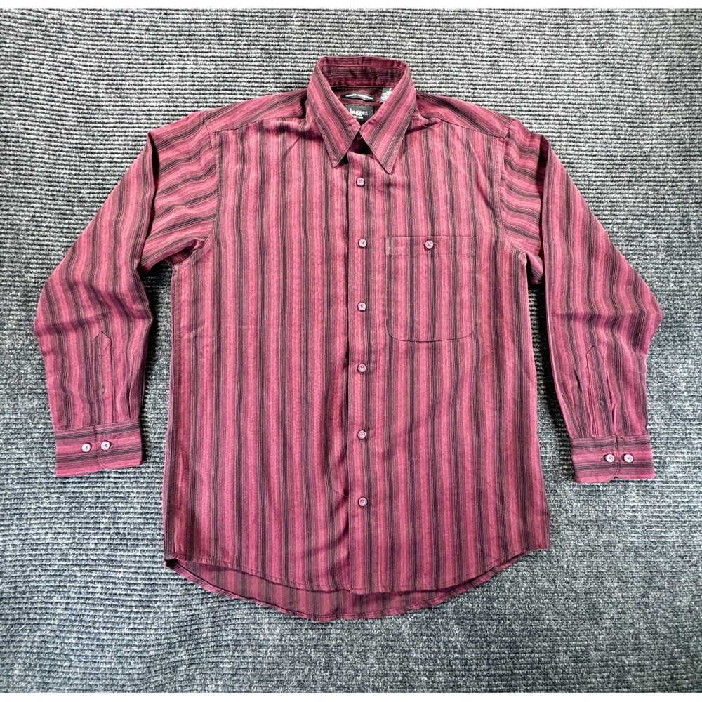 Haggar Luxury Microfiber Shirt Mens S Red Striped Shirttail Hem Button Up Office